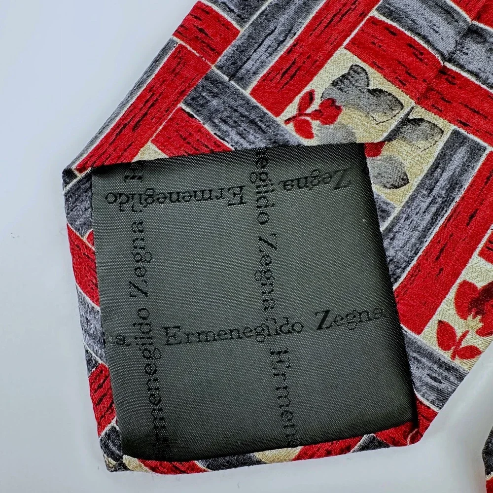 Ermenegildo Zegna 100% Silk Tie Red Black Tan Geometric Leaf Floral Pattern Mens